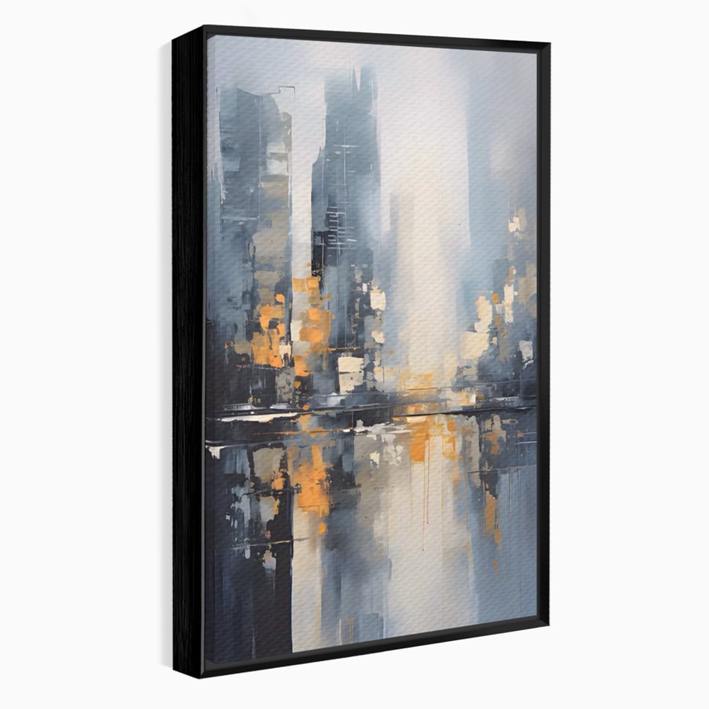 Tablou canvas cu pictura abstracta cu cladiri si reflexii, in rama de aluminiu negru